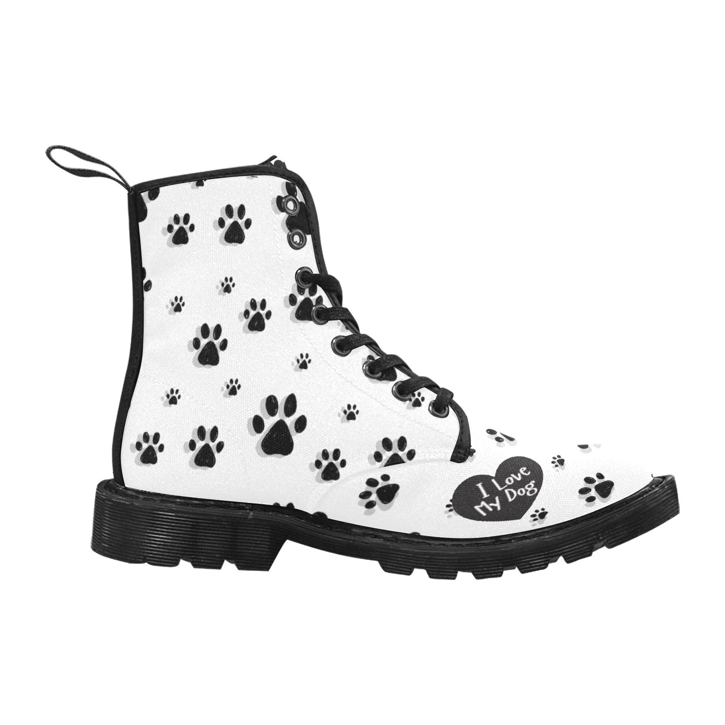 I Love My Dog - Women's Lace Up White Boots With Paw Prints - Available in 2 Colors