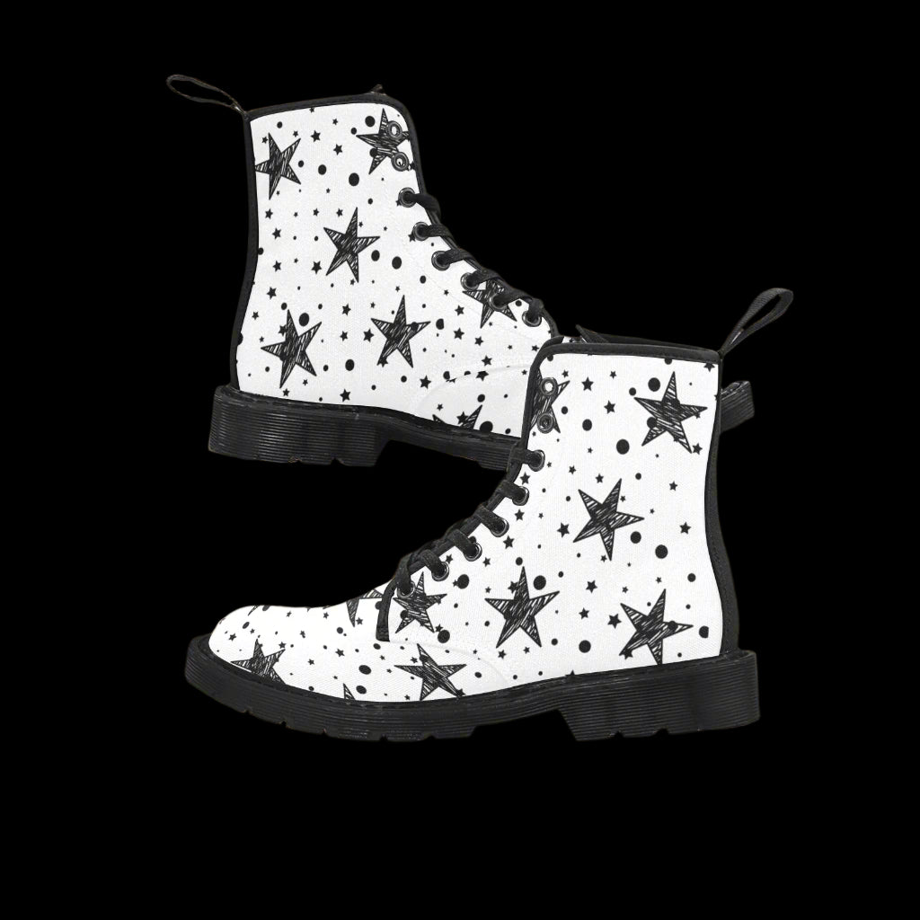 Stargaze - Women's Lace Up White Boots With Black Stars