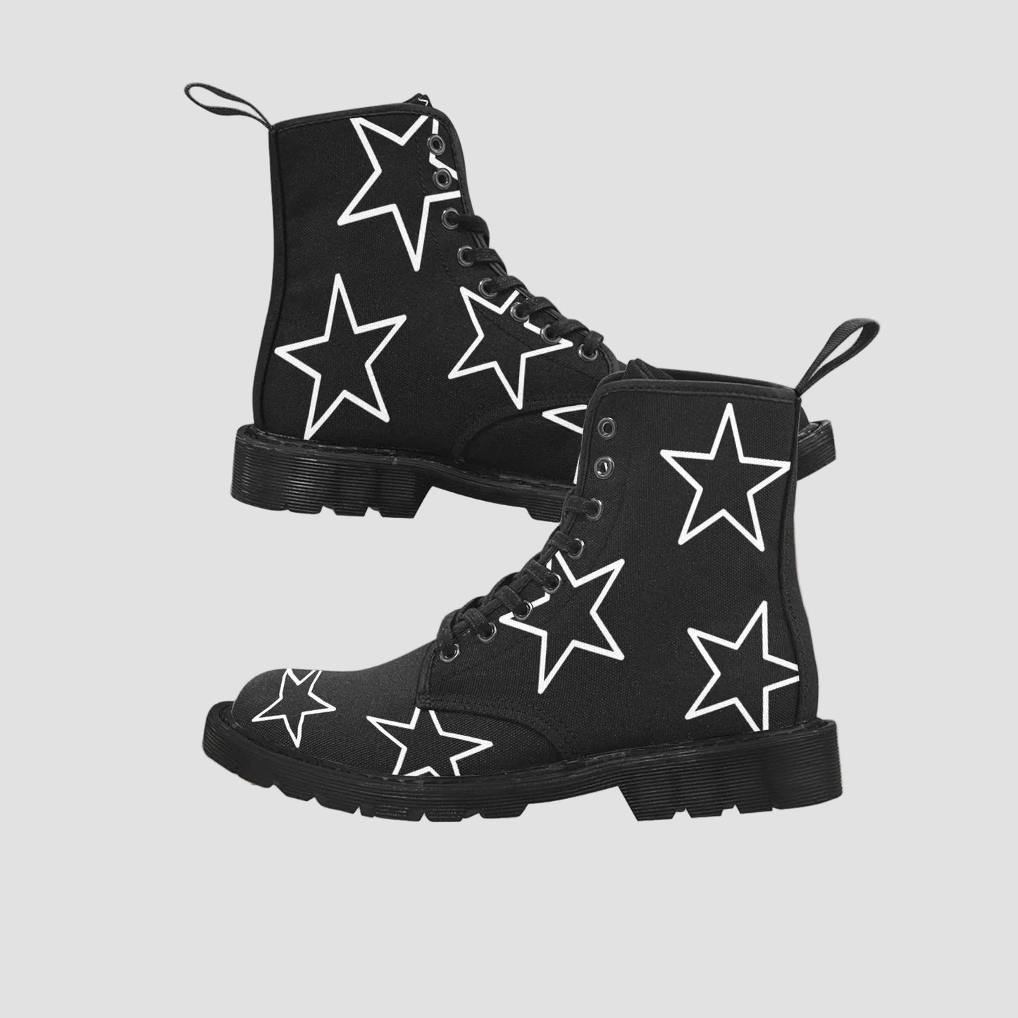Just Star Me - Women's Lace Up Black Boots With White Stars