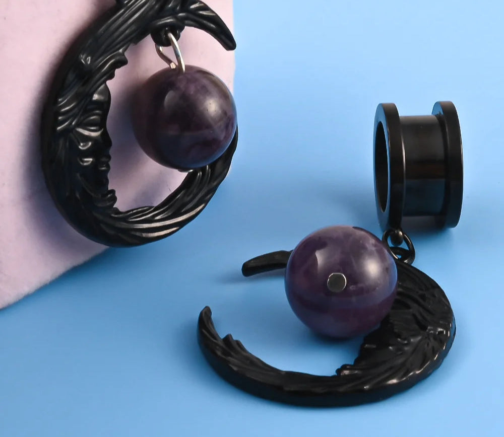 Black Moon Dangle Stainless Steel Ear Gauge Plugs - Available in Multiple Gauge Sizes