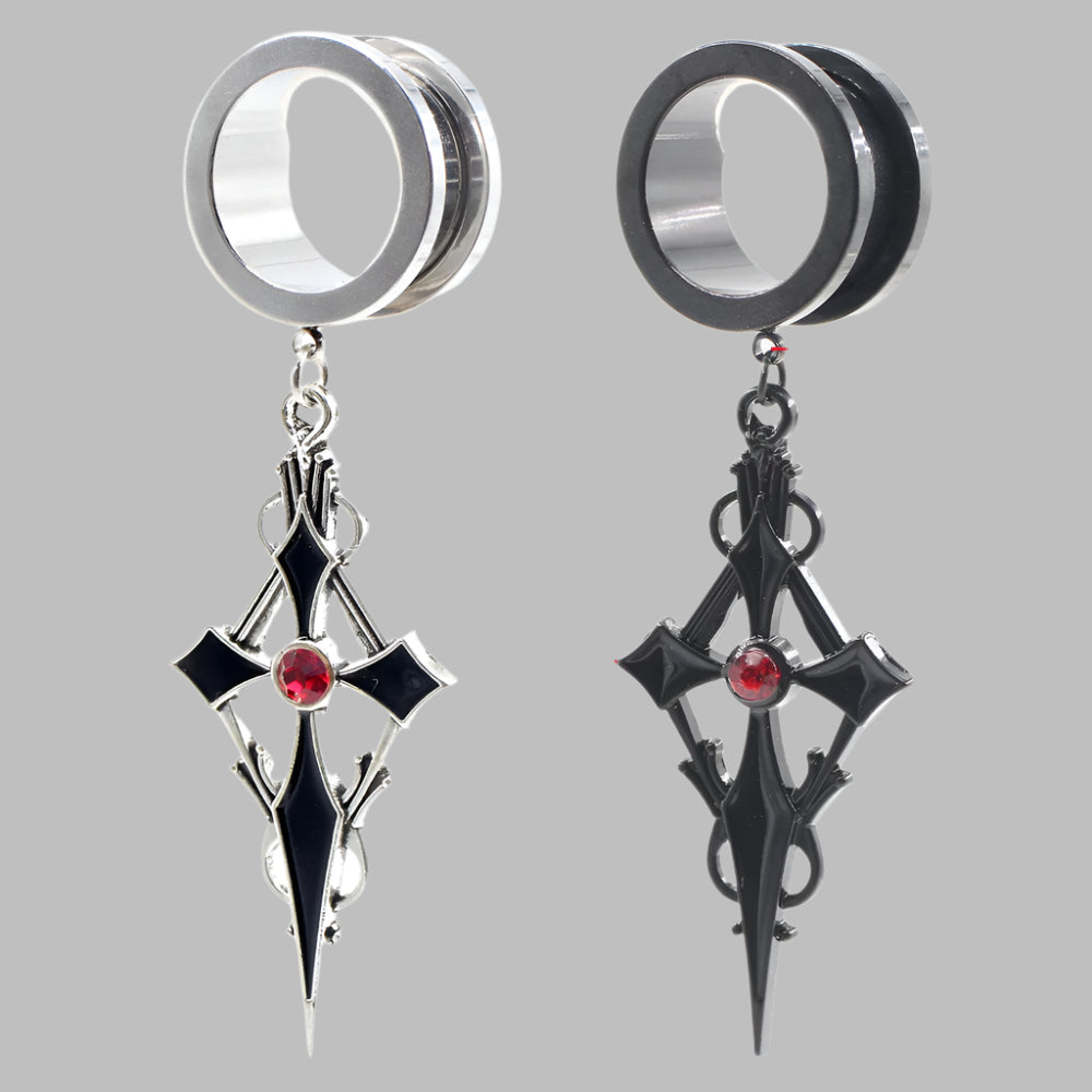 Crystal Cross Stainless Steel Ear Gauge Plugs with Dangle Zirconia Cross - Available in 2 colors