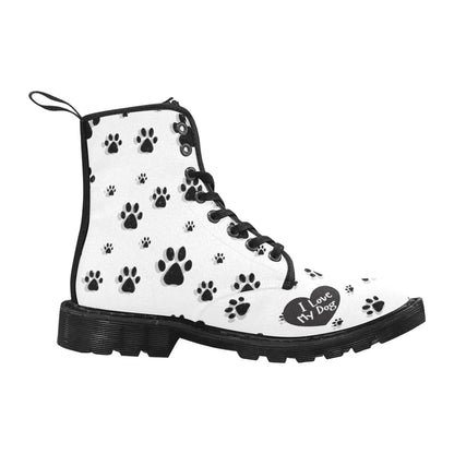 I Love My Dog - Women's Lace Up White Boots With Paw Prints - Available in 2 Colors