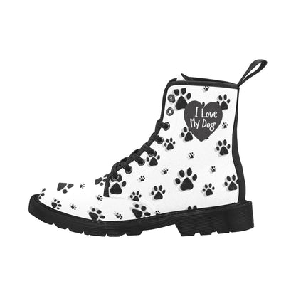 I Love My Dog - Women's Lace Up White Boots With Paw Prints - Available in 2 Colors