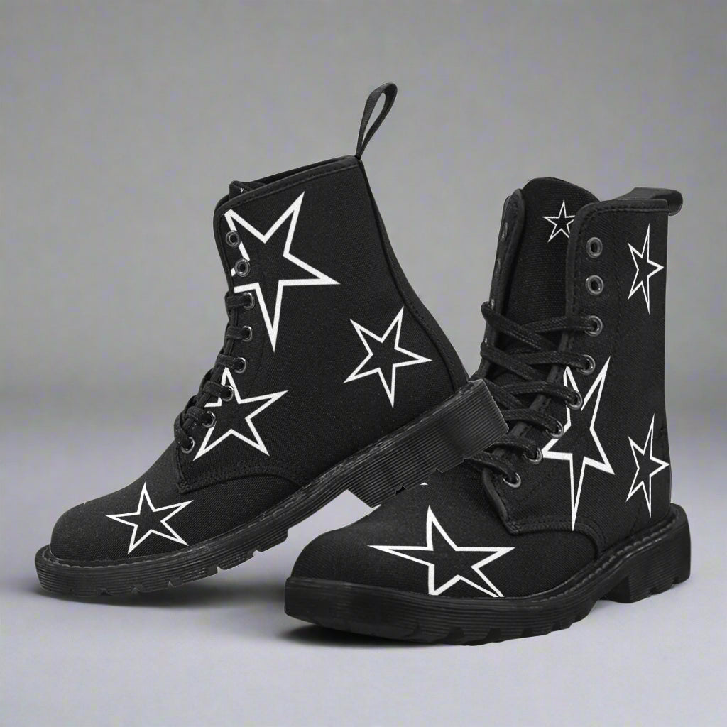 Just Star Me - Women's Lace Up Black Boots With White Outlined Stars