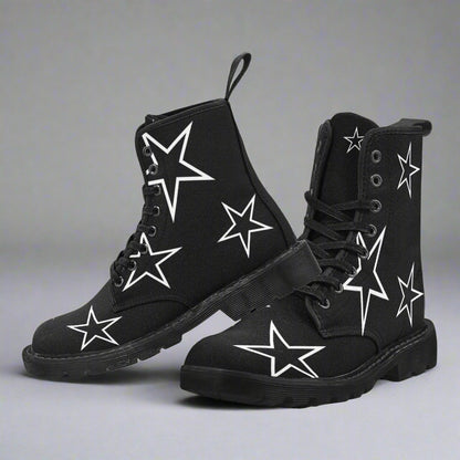 Just Star Me - Women's Lace Up Black Boots With White Outlined Stars