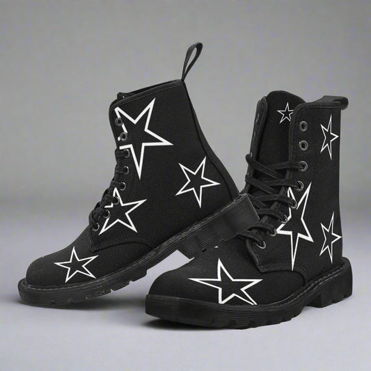 Just Star Me - Women's Lace Up Black Boots With White Outlined Stars
