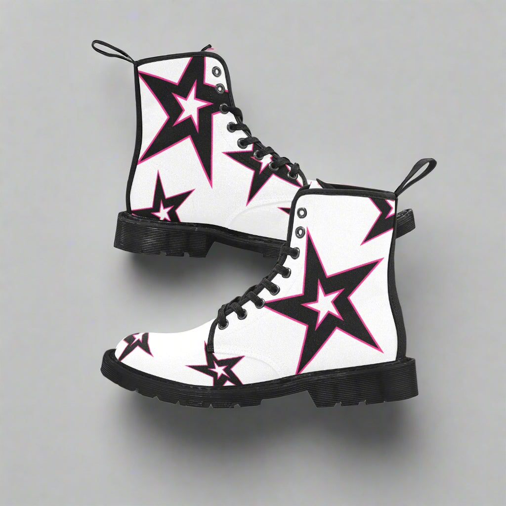 Power Star - Women's Lace Up Boots With Hot Pink Stars - Available in 2 Colors