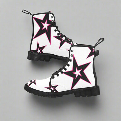 Power Star - Women's Lace Up Boots With Hot Pink Stars - Available in 2 Colors