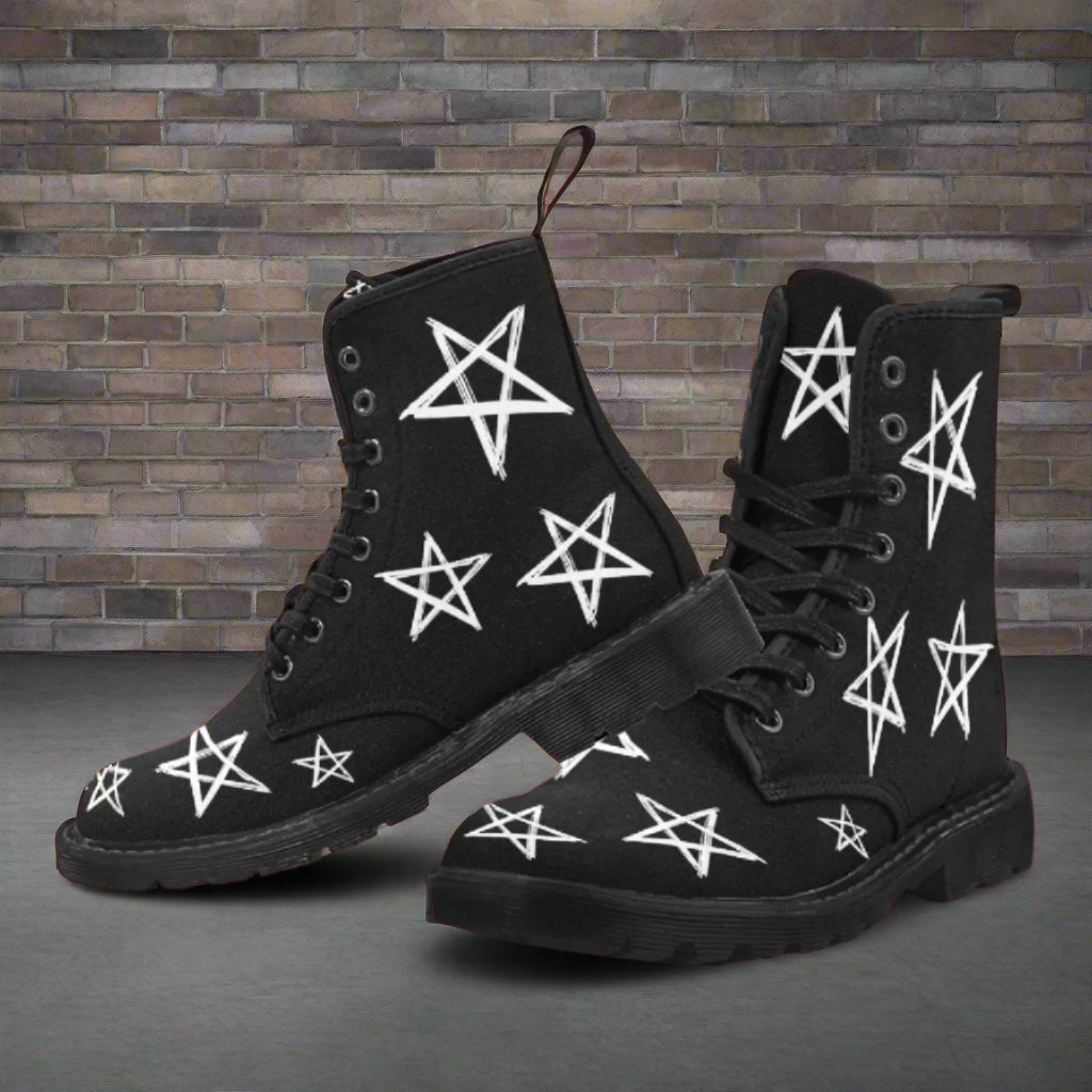 Stars - Women's Lace Up Black Boots With White Stars