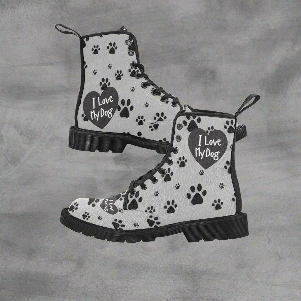 I Love My Dog - Women's Lace Up White Boots With Paw Prints - Available in 2 Colors