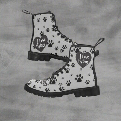I Love My Dog - Women's Lace Up White Boots With Paw Prints - Available in 2 Colors