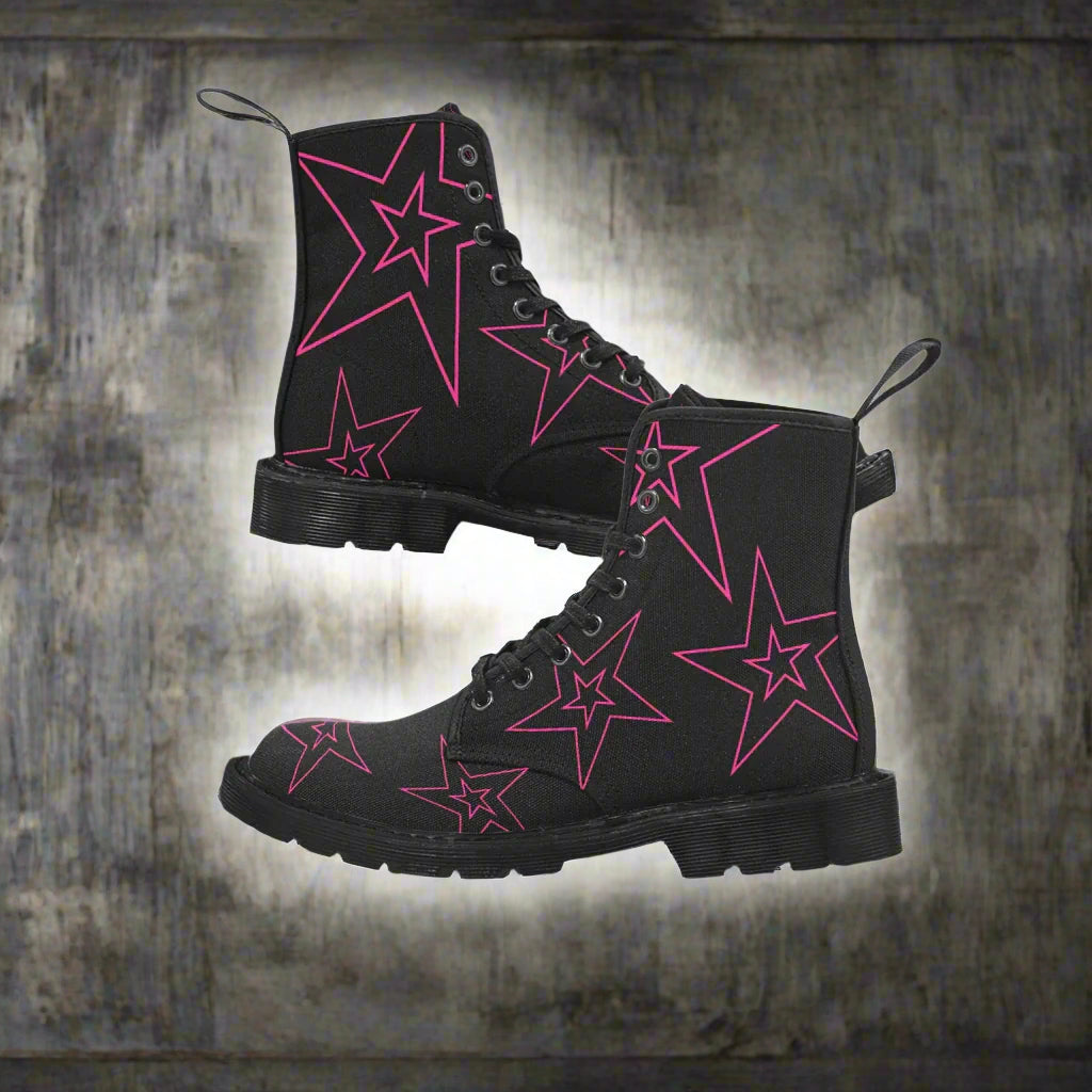 Power Star - Women's Lace Up Boots With Hot Pink Stars - Available in 2 Colors