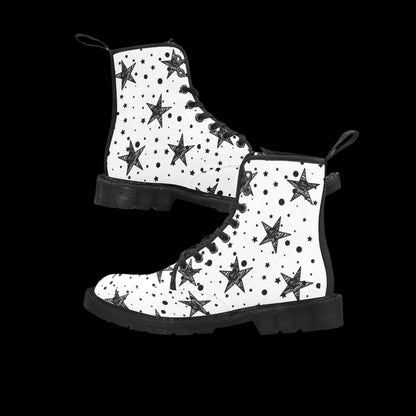 Stargaze - Women's Lace Up White Boots With Black Stars
