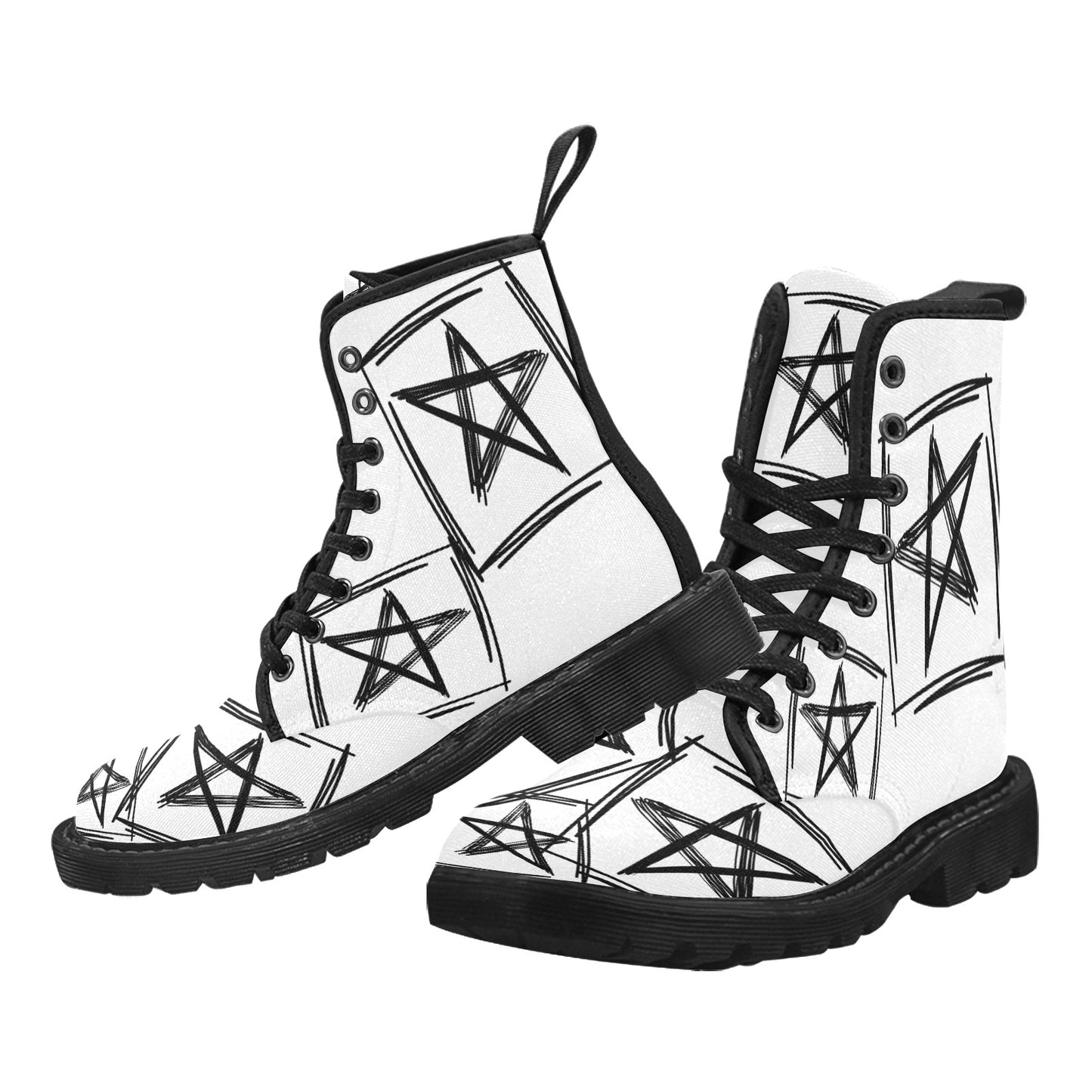 Star Pop - Women’s White Lace Up Boots With Black Stars