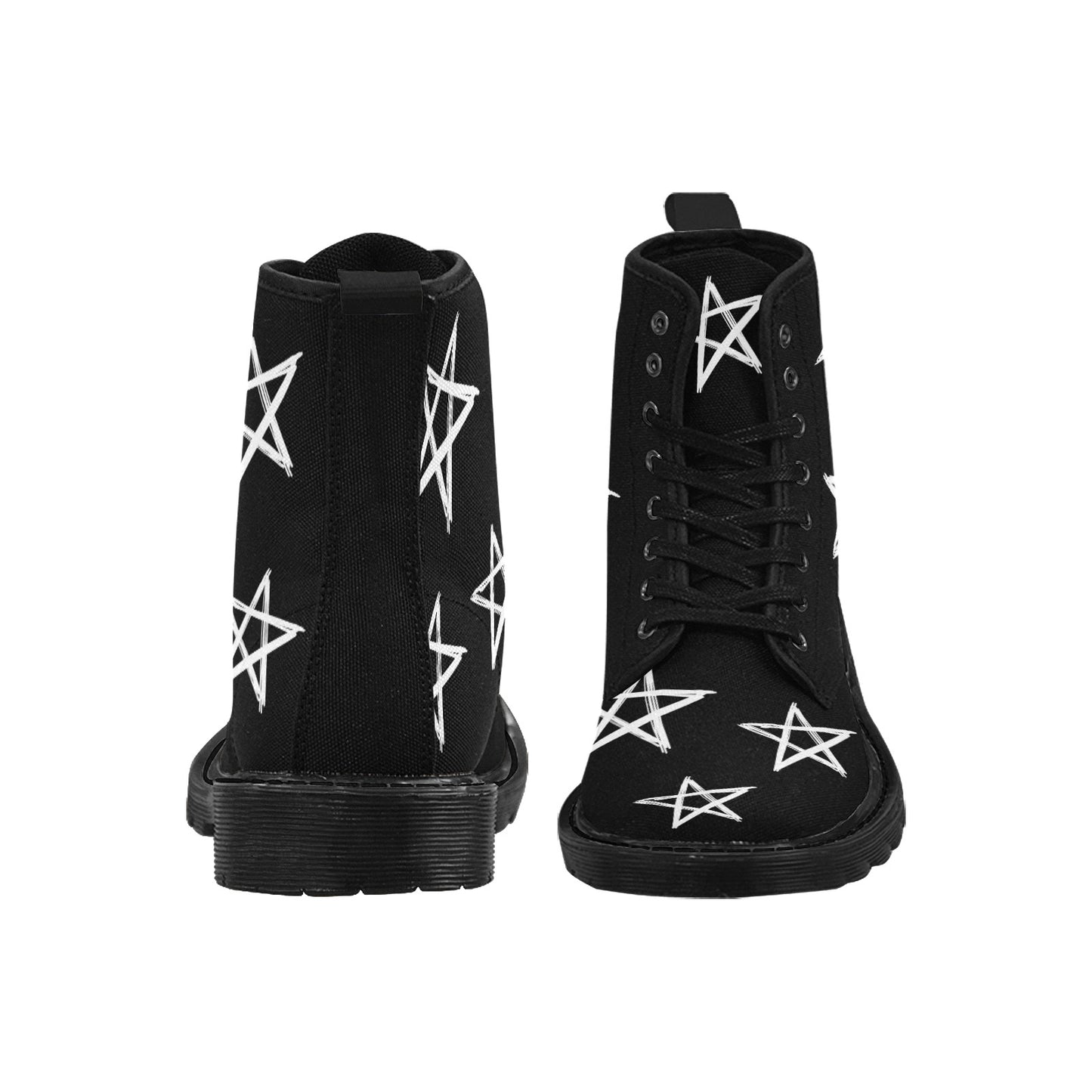 Stars - Women's Lace Up Black Boots With White Stars