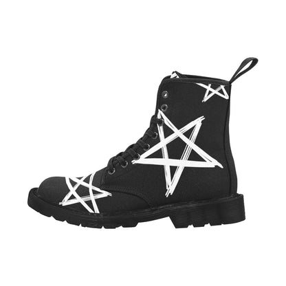 Wanna Be A Star - Men's Lace Up Black Boots With White Stars