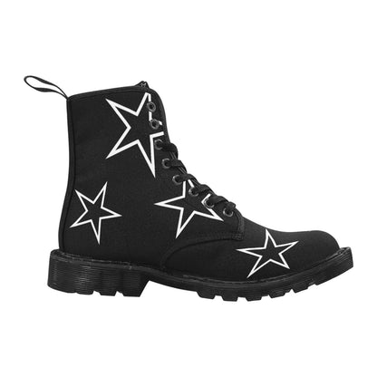 Just Star Me - Women's Lace Up Black Boots With White Outlined Stars