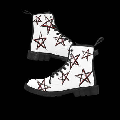 Rock The Stars - Women's Lace Up White Boots With Black/Red Stars