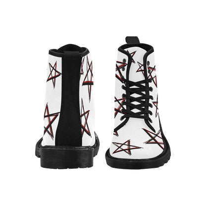 Rock The Stars - Women's Lace Up White Boots With Black/Red Stars