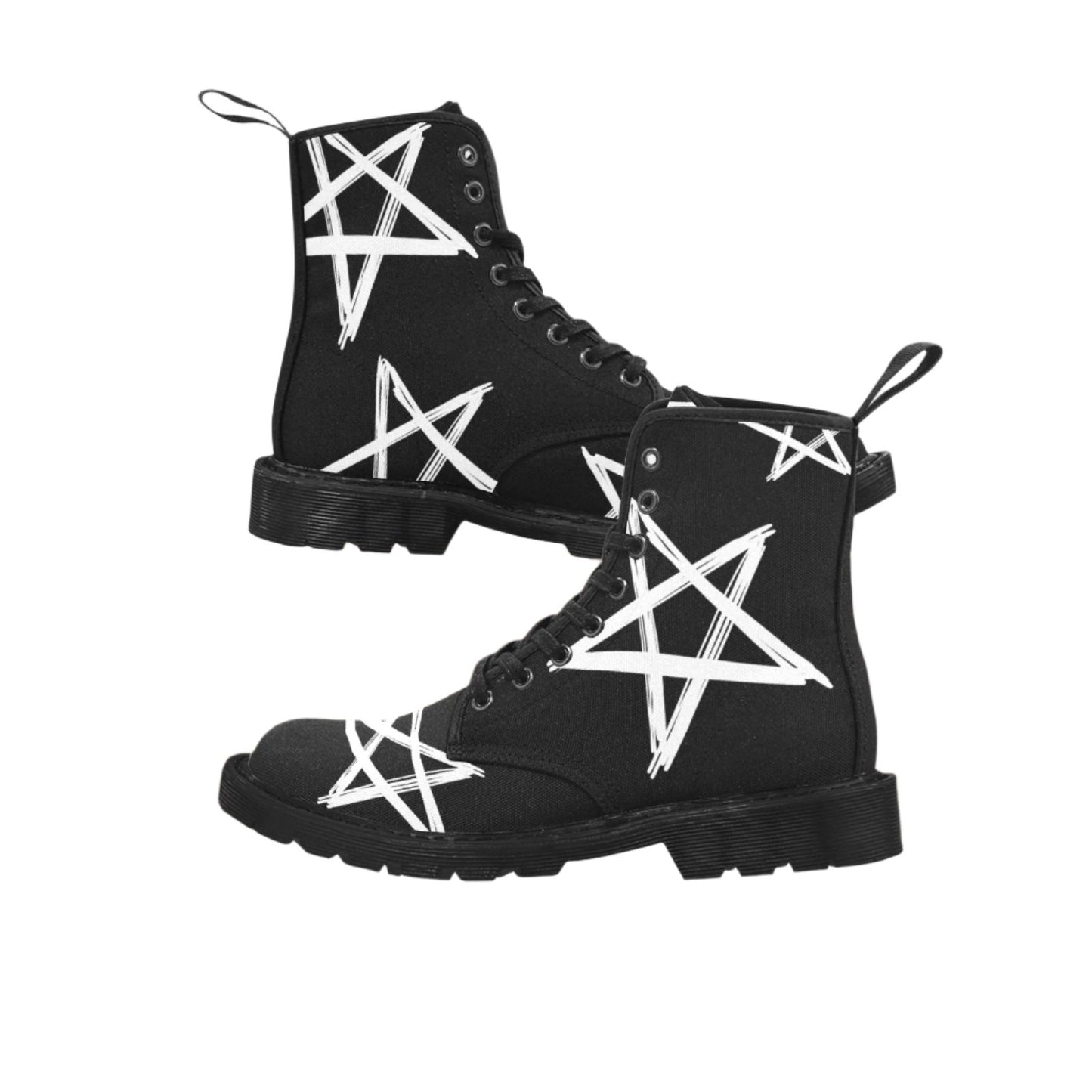 Wanna Be A Star - Men's Lace Up Black Boots With White Stars