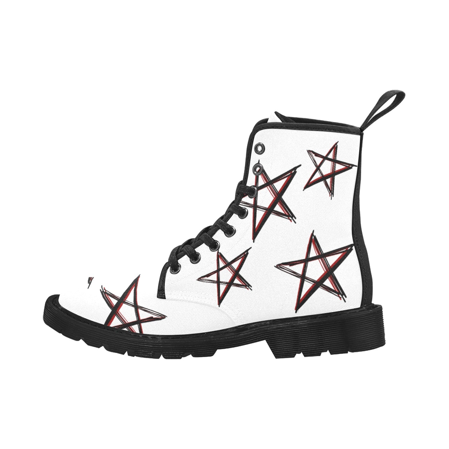 Rock The Stars - Women's Lace Up White Boots With Black/Red Stars