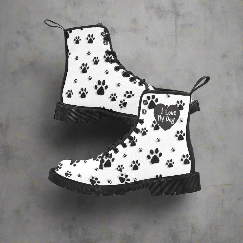 I Love My Dog - Women's Lace Up White Boots With Paw Prints - Available in 2 Colors