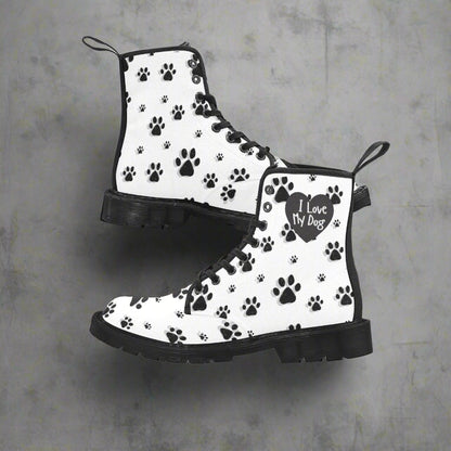 I Love My Dog - Women's Lace Up White Boots With Paw Prints - Available in 2 Colors