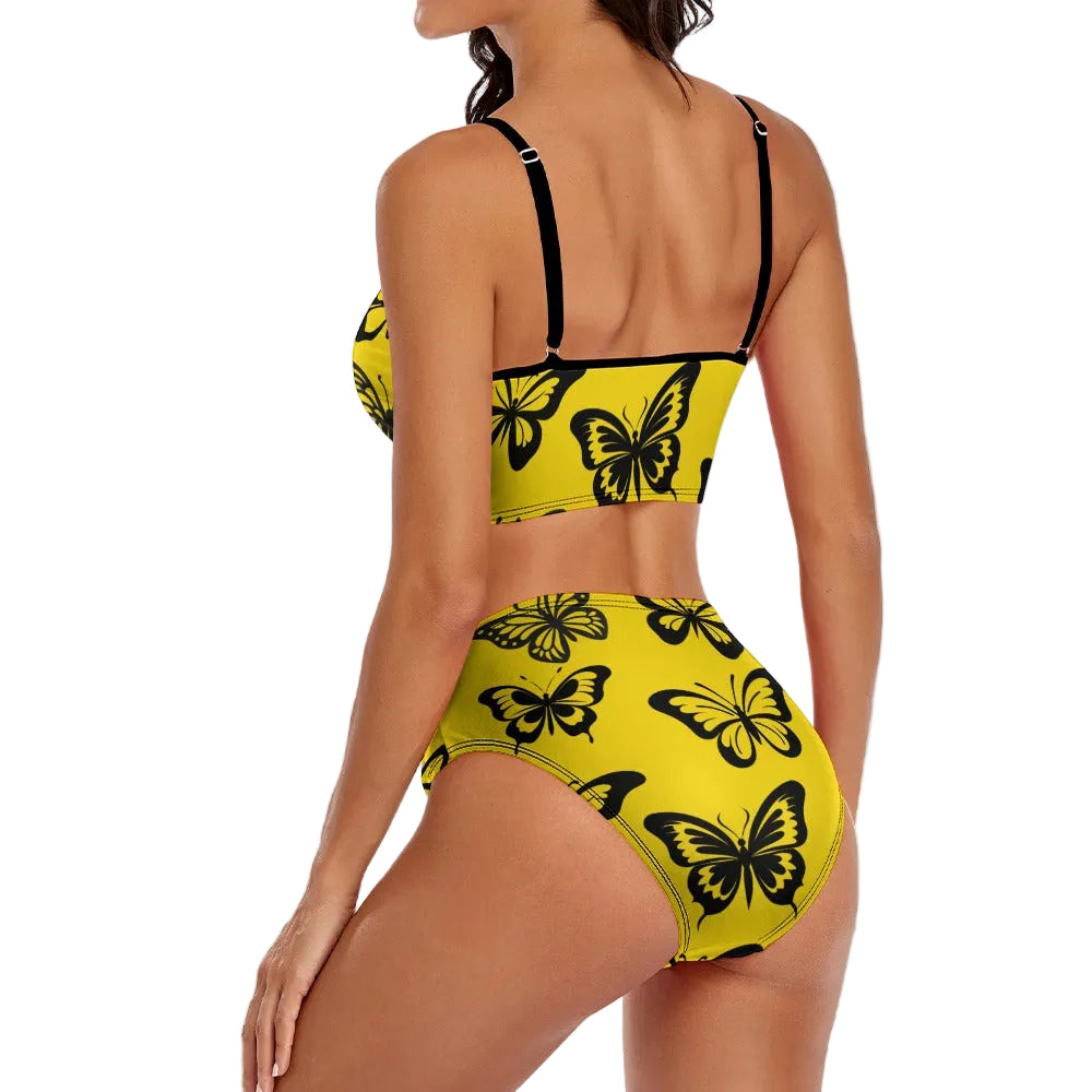 Rockin Butterflies Two Piece High Waisted V-neck Tankini Swimsuit  - Available in 2 Colors