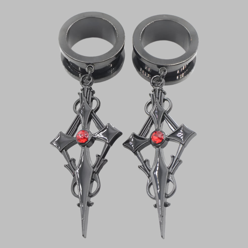 Crystal Cross Stainless Steel Ear Gauge Plugs with Dangle Zirconia Cross - Available in 2 colors