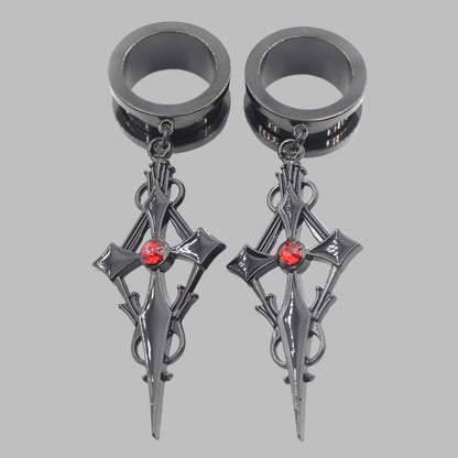 Crystal Cross Stainless Steel Ear Gauge Plugs with Dangle Zirconia Cross - Available in 2 colors