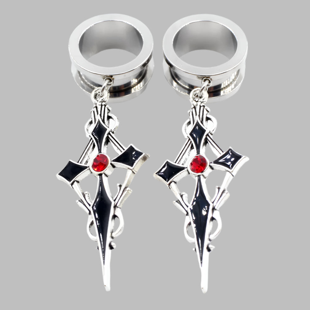 Crystal Cross Stainless Steel Ear Gauge Plugs with Dangle Zirconia Cross - Available in 2 colors