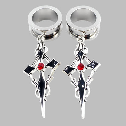 Crystal Cross Stainless Steel Ear Gauge Plugs with Dangle Zirconia Cross - Available in 2 colors