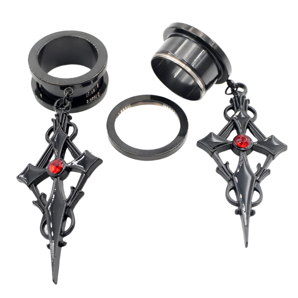Crystal Cross Stainless Steel Ear Gauge Plugs with Dangle Zirconia Cross - Available in 2 colors