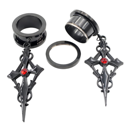 Crystal Cross Stainless Steel Ear Gauge Plugs with Dangle Zirconia Cross - Available in 2 colors