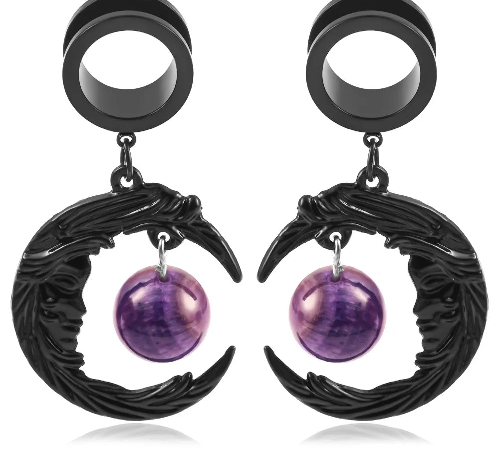 Black Moon Dangle Stainless Steel Ear Gauge Plugs - Available in Multiple Gauge Sizes