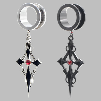 Crystal Cross Stainless Steel Ear Gauge Plugs with Dangle Zirconia Cross - Available in 2 colors