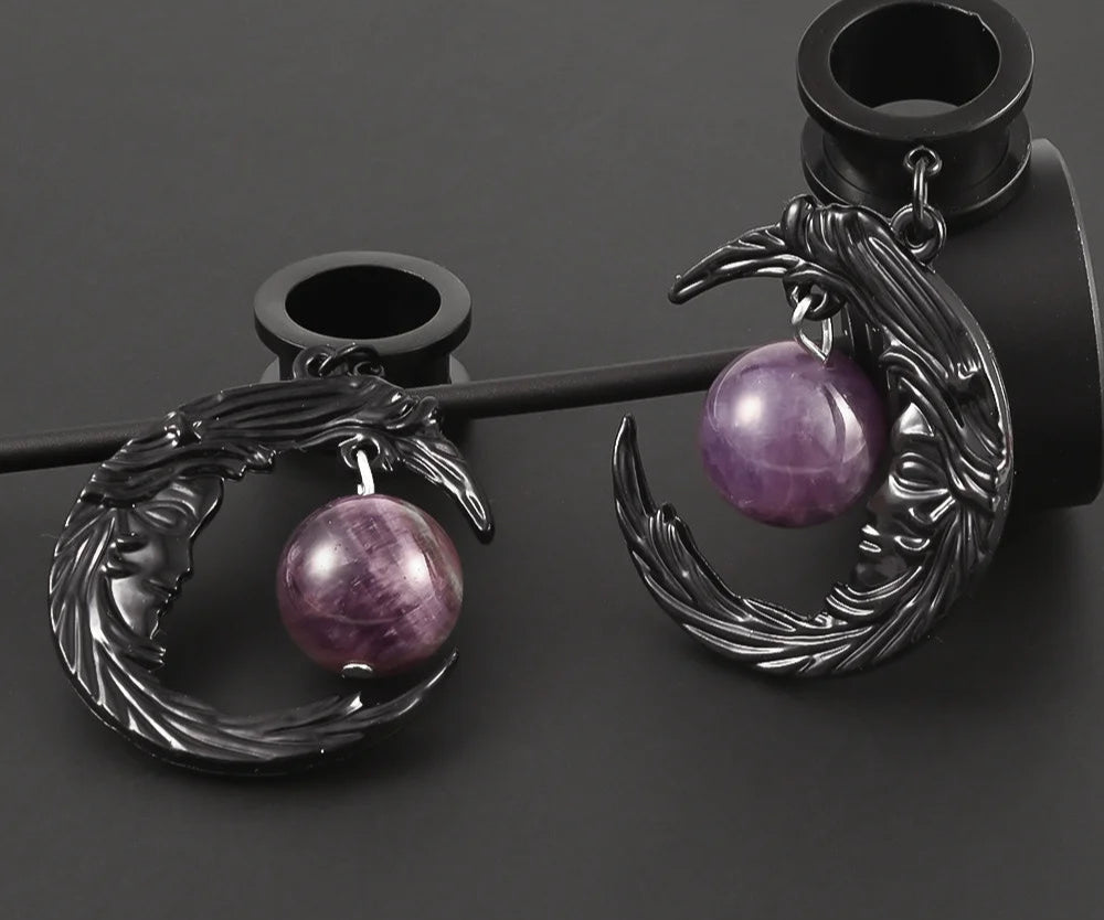 Black Moon Dangle Stainless Steel Ear Gauge Plugs - Available in Multiple Gauge Sizes