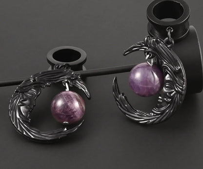 Black Moon Dangle Stainless Steel Ear Gauge Plugs - Available in Multiple Gauge Sizes