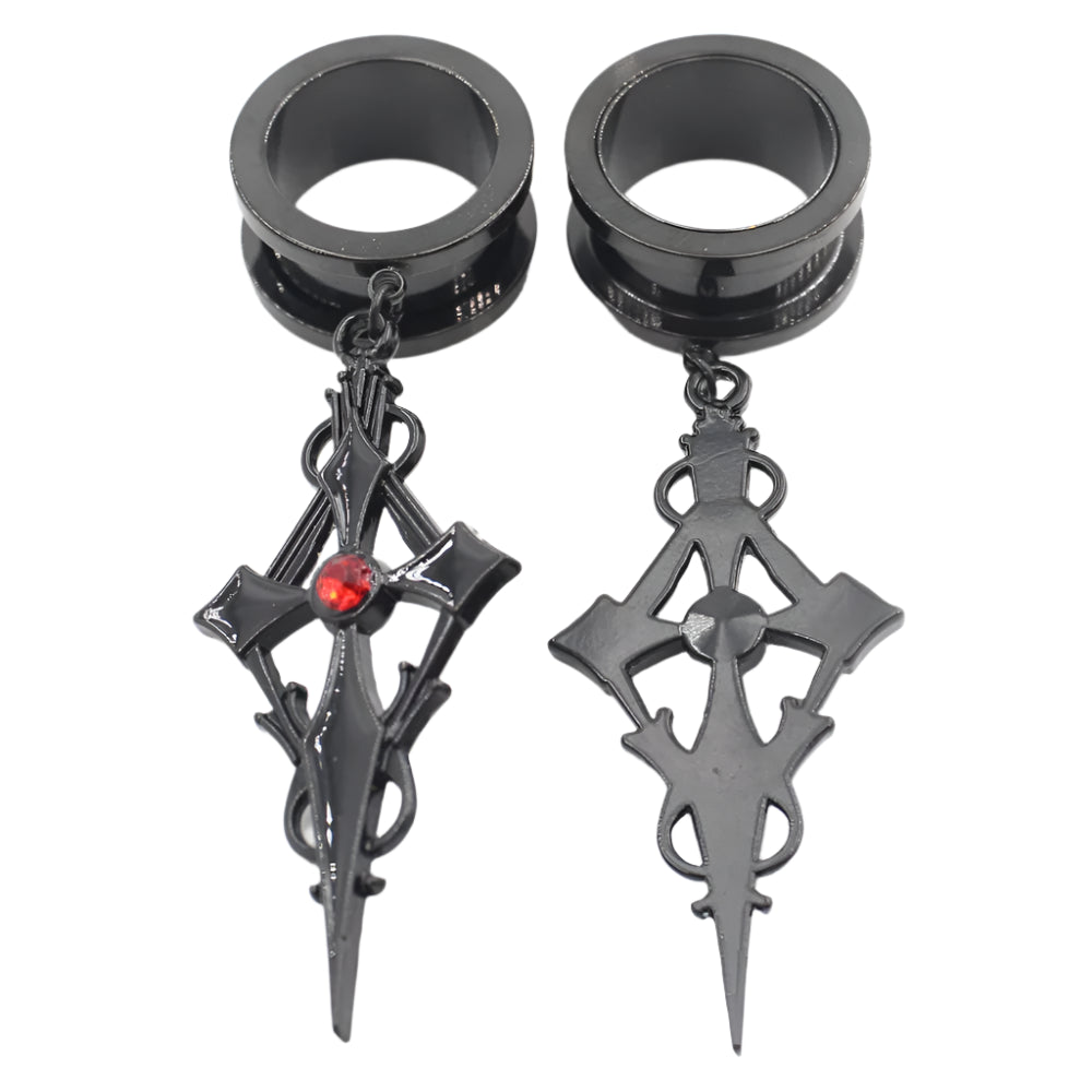 Crystal Cross Stainless Steel Ear Gauge Plugs with Dangle Zirconia Cross - Available in 2 colors