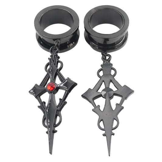 Crystal Cross Stainless Steel Ear Gauge Plugs with Dangle Zirconia Cross - Available in 2 colors