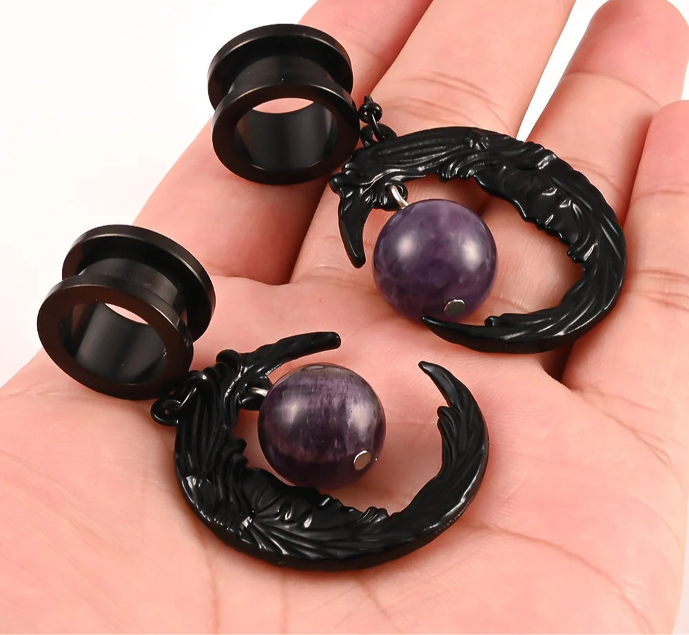 Black Moon Dangle Stainless Steel Ear Gauge Plugs - Available in Multiple Gauge Sizes