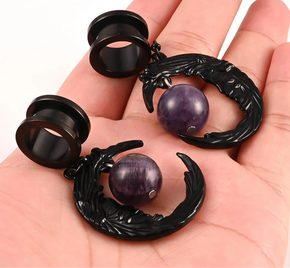 Black Moon Dangle Stainless Steel Ear Gauge Plugs - Available in Multiple Gauge Sizes