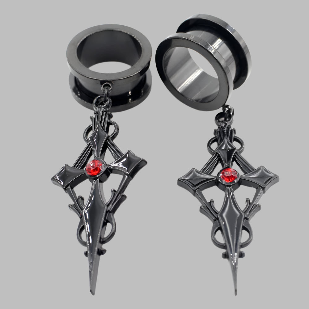 Crystal Cross Stainless Steel Ear Gauge Plugs with Dangle Zirconia Cross - Available in 2 colors