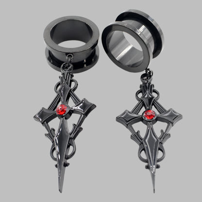 Crystal Cross Stainless Steel Ear Gauge Plugs with Dangle Zirconia Cross - Available in 2 colors