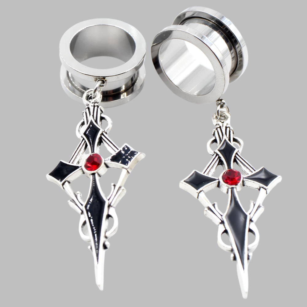Crystal Cross Stainless Steel Ear Gauge Plugs with Dangle Zirconia Cross - Available in 2 colors