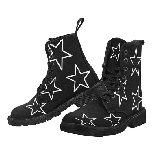 Just Star Me - Women's Lace Up Black Boots With White Stars