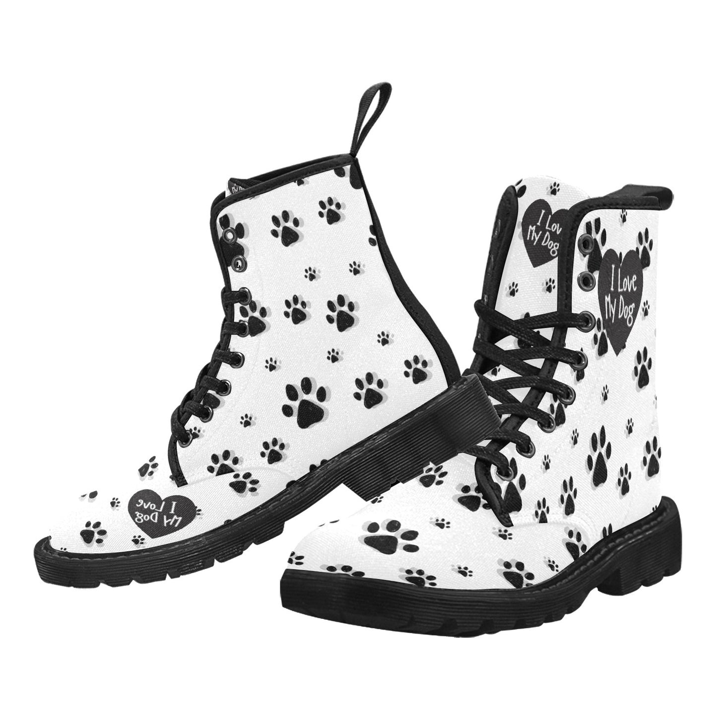 I Love My Dog - Women's Lace Up White Boots With Paw Prints - Available in 2 Colors