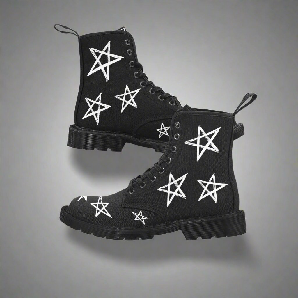 Stars - Women's Lace Up Black Boots With White Stars