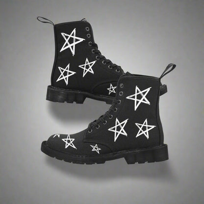 Stars - Women's Lace Up Black Boots With White Stars