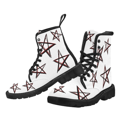 Rock The Stars - Women's Lace Up White Boots With Black/Red Stars